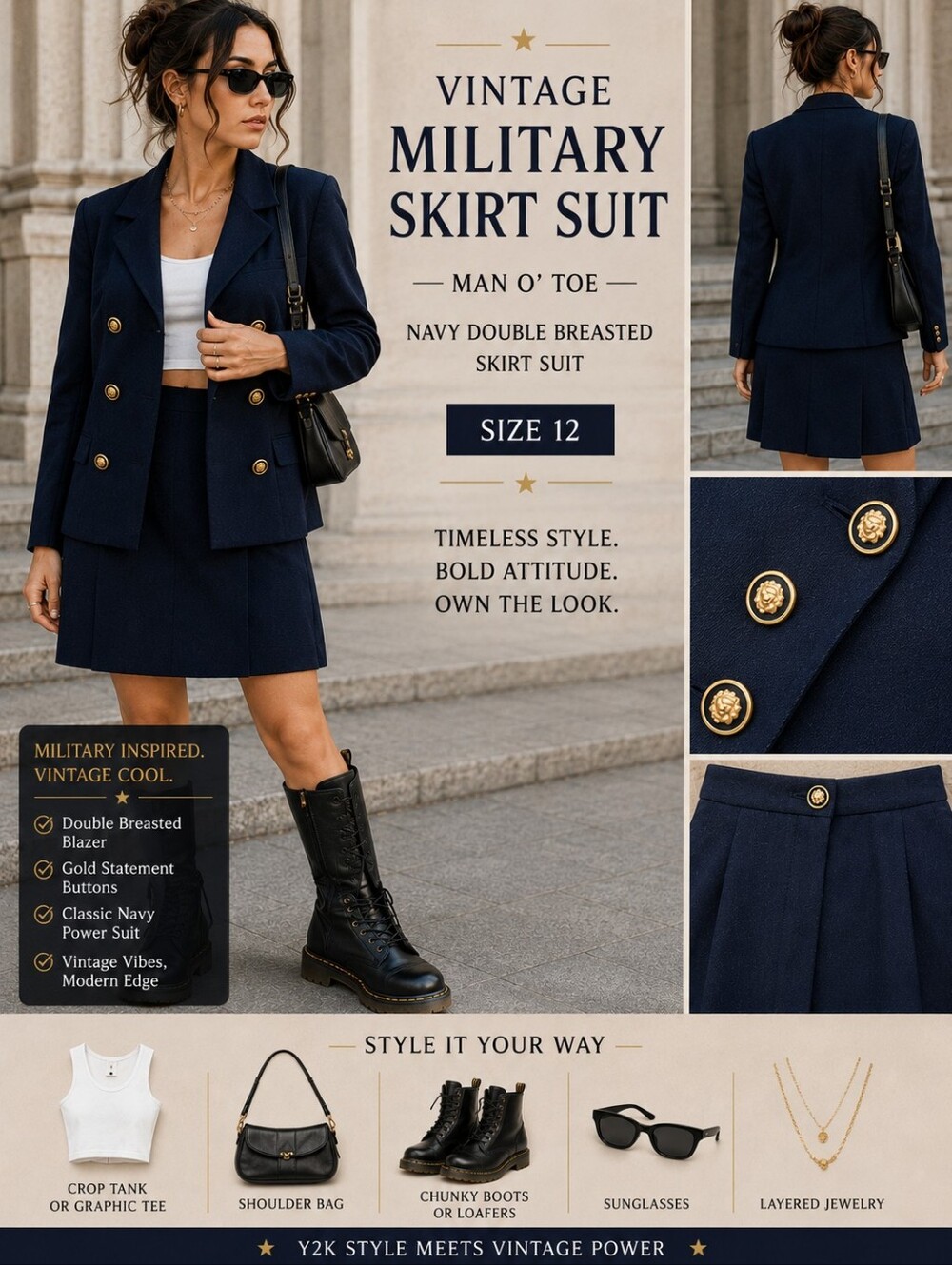 Man O’ Toe Vintage Y2K Navy Military Double Breasted Skirt Suit Gold Buttons Si